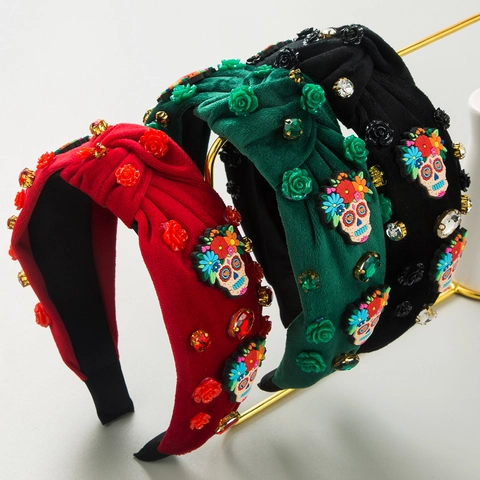Halloween Sugar Skull Knotted Headband Velvet Rose Rhinestone Day Of The Dead Festive Hair Band For Women Party Hair Accessories