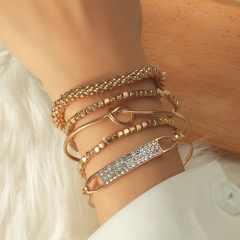 Vintage Gold Color Geometric Chain Bracelet Accessory With Rhinestone Hollow Out Multi Layer Women Retro Punk Alloy Jewelry