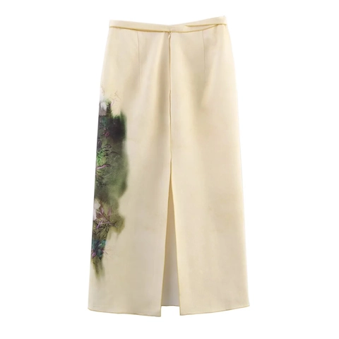Elegant Women Satin Midi Skirt Floral Ink Print Tie Waist High Waisted Slit Streetwear Sexy Chic Polyester Bottoms