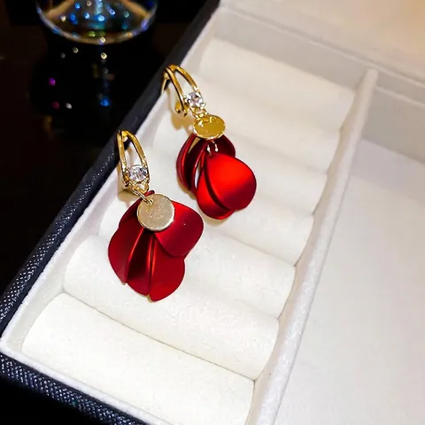 Red Frosted Petal Drop Earrings Alloy With 925 Sterling Silver Earring Post Rhinestone Elegant French Style For Women