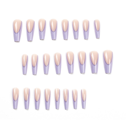 Faux Ongles Longs Cercueil Français Violet Base Nude Brillante Ongles Artificiels Pour Femmes Manucure