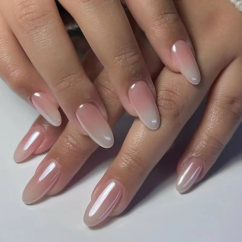 Glänzende Farbverlauf Press On Nägel Nude Rosa Weiß Ombre Mandelform ABS Künstliche Falsche Fingernägel Für Frauen Elegante Maniküre