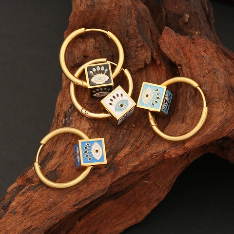Boucles D'Oreilles Créoles Œil Maléfique Acier Inoxydable Émail Pendentif Carré Plaqué Or Style Boho Turc Pour Femmes Bijoux