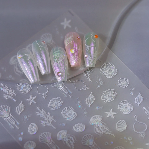 Autocollants Ongles Relief 3D Holographique Thème Océan Coquillage Méduse Étoile Mer Auto-adhésif DIY Stickers
