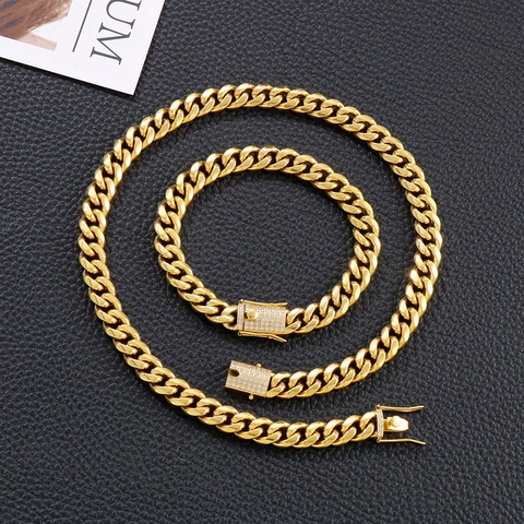 Collana e Bracciale a Maglia Cubana in Acciaio Inossidabile Hip Hop per Uomo Fibbia Quadrata con Strass Pavé Gioielli Moda di Strada