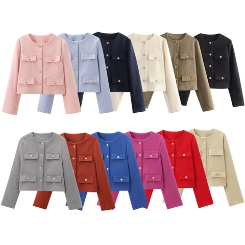 Women Tweed Jacket Short Blazer Round Neck Gold Buttons Four Pockets Elegant Outerwear French Style