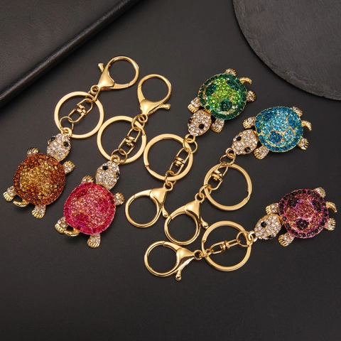 Sparkling Rhinestone Turtle Keychain Colorful Crystal Sea Turtle Pendant Zinc Alloy Gold Plated Bag Charm Car Accessories