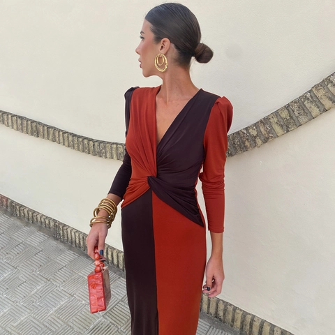 Women Color Block Maxi Dress Long Sleeve V Neck Twist Knot High Waist Patchwork Elegant Sexy Long Slit Gown