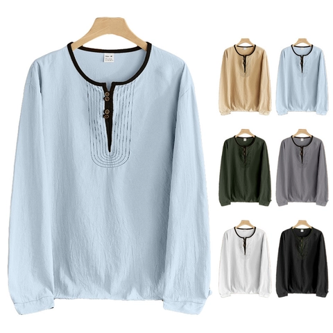 Heren Lange Mouw Henley Shirt Linnenmix Retro Casual Losse Effen Kleur Ademend Zomer Top