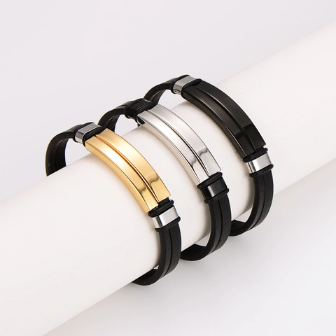 Men Vintage Leather Bracelet With 304 Stainless Steel Plate Double Layer Braided Bangle Fashion Jewelry Retro Accessory