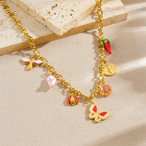 Stainless Steel Butterfly Ladybug Necklace Bracelet Earrings Enamel Artificial Pearl Flower Coin Charms Jewelry For Women