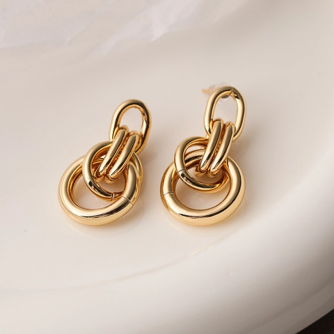 Orecchini Pendenti Con Anelli Intrecciati Rame Placcato Oro Vero Minimalista Geometrico Multi Strato Per Donna
