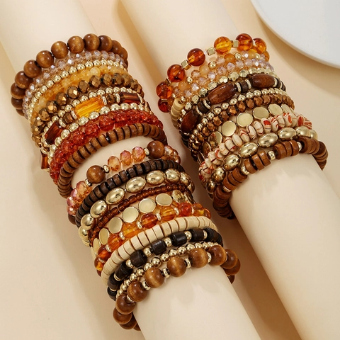 Braccialetti Multistrato Con Perline Boemia Legno Resina Metallo Elastici Gioielli Stile Etnico Vintage Accessori Donne
