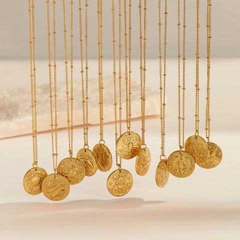 Zodiac Sign Necklace Stainless Steel Embossed Round Coin Pendant Satellite Bead Chain Retro Astrology Jewelry For Women Men