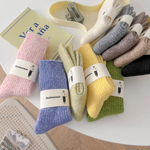 Women Ribbed Wool Blend Slouch Socks Warm Knitted Crew Length Solid Color Winter Thermal Japanese Style