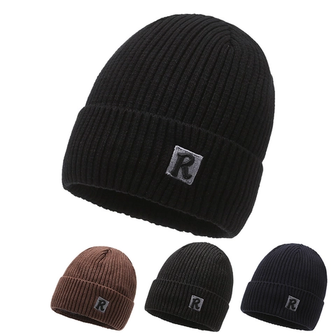 Berretto Invernale In Maglia Acrilico Foderato In Pile Caldo A Coste Patch Lettera R Unisex Termico All'aperto