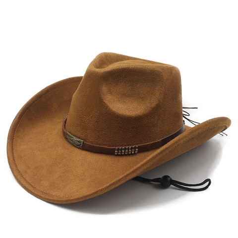 Western Cowboy Hat Retro Suede Wide Brim With Windproof Rope Vintage Metal Buckle Decorative Belt For Men Women
