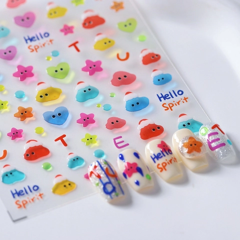3D Reliëf Nagelstickers Kawaii Cartoon Hart Ster Wolk Ontwerp Zelfklevende Kleurrijke Jelly Nagelstickers