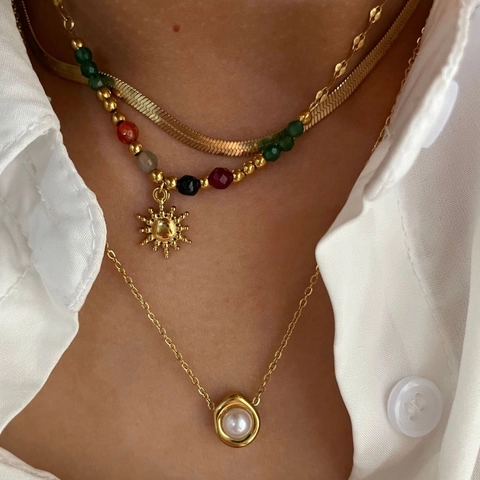 Stainless Steel Layered Necklace 18K Gold Plated Sun Pendant Colorful Beads Artificial Pearl Snake Chain Jewelry For Women