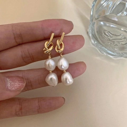 Baroque Natural Baroque Pearl Drop Earrings Copper Gold Plated Knot Vintage Elegant With 925 Sterling Silver Earring Post