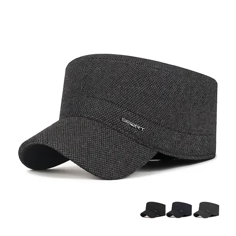 Men Winter Cadet Cap Polyester Fleece Lined With Ear Flaps Windproof Warm Flat Top Hat Adjustable Sport Metal Tag