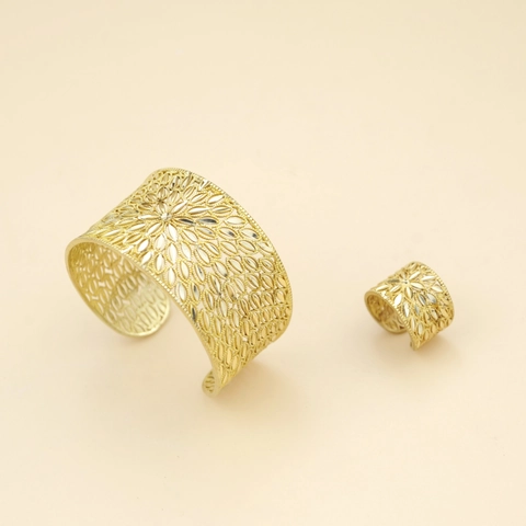 Vintage Gold Kupfer Ausschnitt Blumen Armreif Ring Set Breit Offen Verstellbar Manschette Armband Für Damen Böhmisch Schmuck