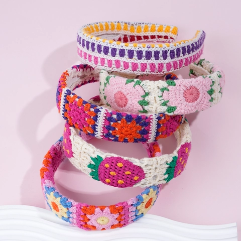Handmade Crochet Floral Strawberry Halloween Pattern Knit Hairband Boho Pastoral Style Women Hair Accessories