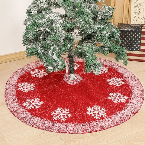 Gonna Per Albero Di Natale A Maglia Motivo Fiocchi Di Neve Bianchi Bordo Pelliccia Sintetica Rossa Decorazione Festiva
