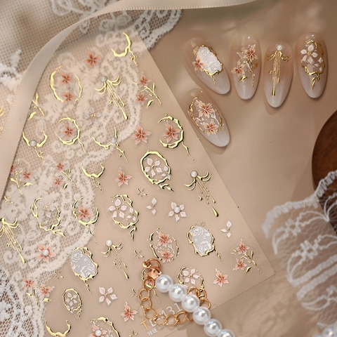 Embossed Plastic Nail Art Stickers Golden Edged Cherry Blossom Flowers Lace Artificial Pearl Decorations Vintage Manicure Decals