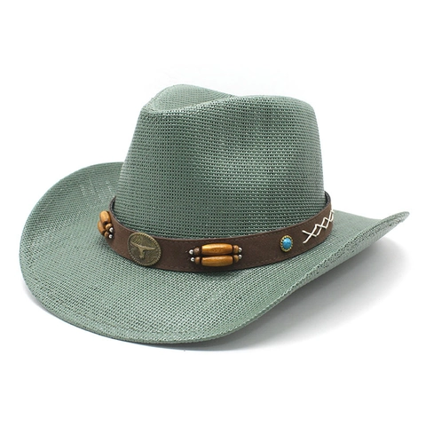 Western Cowboy Straw Hat Wide Brim Sun Protection Retro Ethnic Bull Head Wood Beads Unisex Summer Beach Outdoor