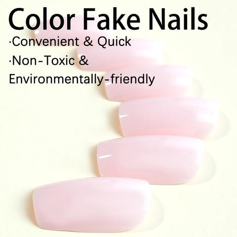 Faux Ongles À Presser Longs Carrés Rose Clair Brillant Pointes D'Ongles Portables Manucure Élégante Pour Femmes