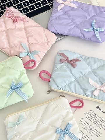 Quilted Mini Coin Purse Bowknot Cosmetic Storage Bag Portable Makeup Pouch Zipper Lanyard Cute Macaron Color Women