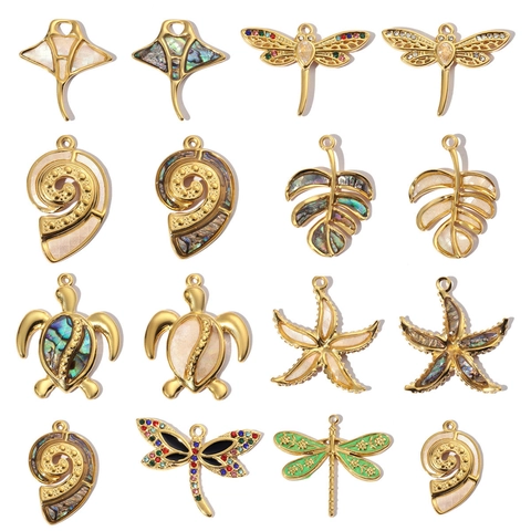 Vintage DIY Charms Stainless Steel Mother Of Artificial Pearl Abalone Shell Dragonfly Sea Turtle Starfish Jewelry Making For Women
