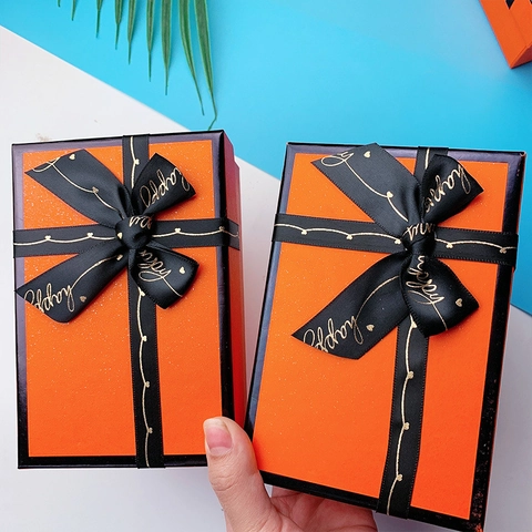 Elegant Gift Box Rectangular Paperboard With Satin Ribbon Bowknot Decor For Wedding Birthday Valentine Day Romantic Orange