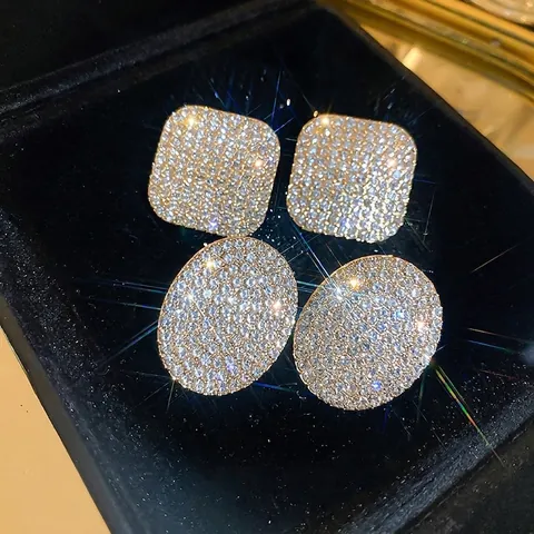 Large Geometric Stud Earrings Alloy Rhinestone Pave With Silver Earring Post Luxury Fashion Jewelry For Women