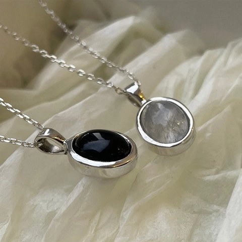 925 Sterling Silver Necklace Oval Moonstone Black Agate Pendant Elegant Minimalist Clavicle Chain Jewelry For Women