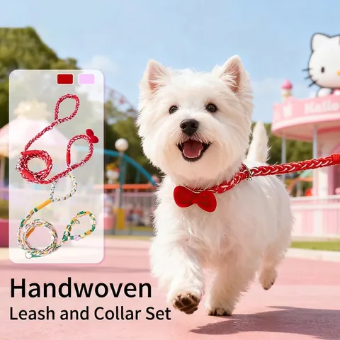 Handmade Cotton Braided Pet Leash And Collar Adjustable Anti Choke With Bowknot For Small Dogs Cats Outdoor Walking Cute