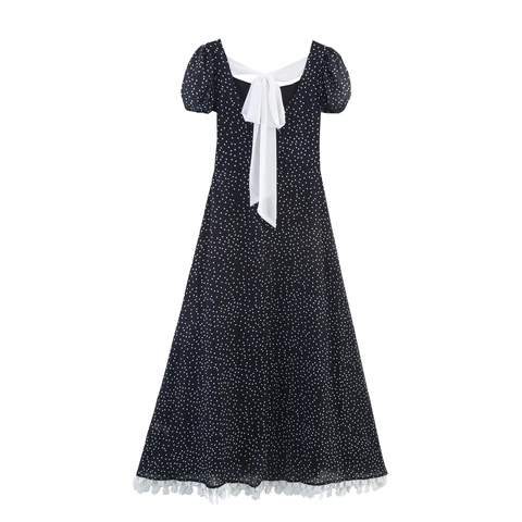 Polka Dot Maxi Jurk Polyester Strik Achterkant Vierkante Hals Pofmouwen Kant Trim Elegant Voor Dames