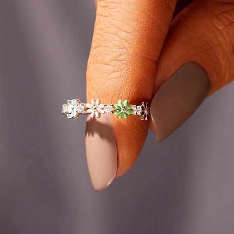 Colorful Enamel Flower Ring Copper Inlaid With Zircon Fresh Sweet Dainty Floral Finger Jewelry For Women