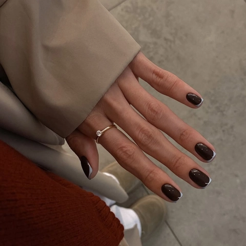 French Style Press On Nails Coffee Brown Glossy Square Oval Artificial Fingernails With Light Blue Tips For Women