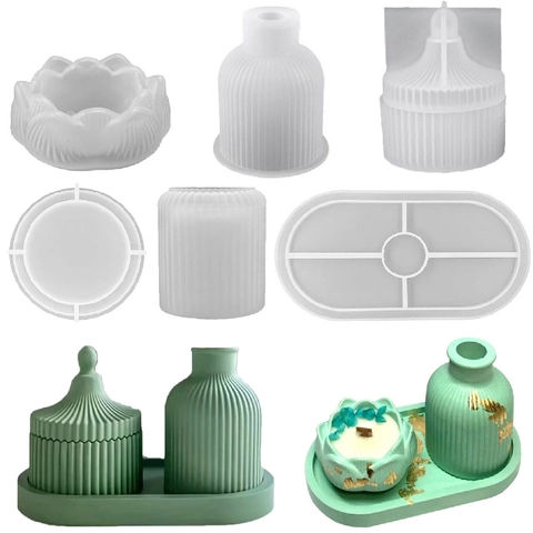 Silicone Mold DIY Resin Casting Plaster Cement Storage Box Vase Candlestick Tray Lotus Striped Texture Home Decor