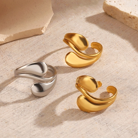 Anillo Abierto Gota De Agua Chapado En Oro 18K Acero Inoxidable Minimalista Ajustable Joyería Mujer Moderno