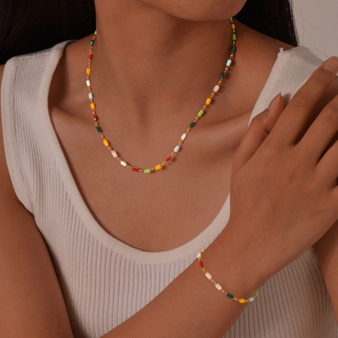 Collana Bracciale in Acciaio Inossidabile con Perline Cubiche Colorate per Donna Retrò Placcato Oro Gioielli Choker Geometrici
