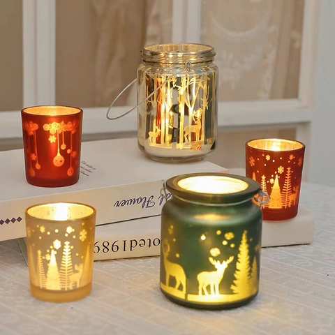 Christmas Glass Candle Holder Reindeer Forest Pattern Frosted Lantern With Metal Handle Desktop Holiday Festive Atmosphere Decor