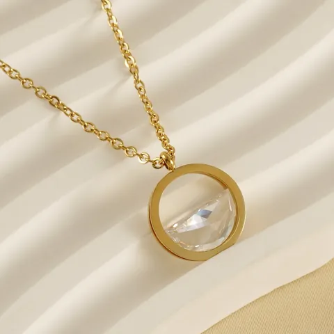 Collar Con Colgante Redondo Minimalista Acero Inoxidable Chapado En Oro 18K Circona Transparente Accesorio Elegante Para Mujer