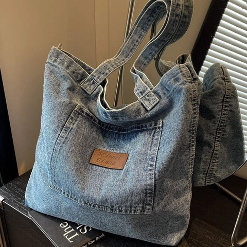 Borsa Tote In Denim Lavato Grande Capacità Borsa A Spalla Vintage In Cotone Con Tasca Frontale Chiusura Magnetica Da Donna