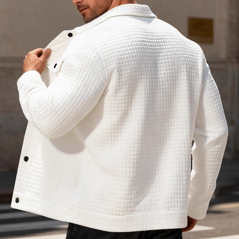 Men Long Sleeve Shirt Jacket Shacket Polyester Waffle Texture Jacquard Checkered Lapel Button Up Dual Pockets Casual Fashion