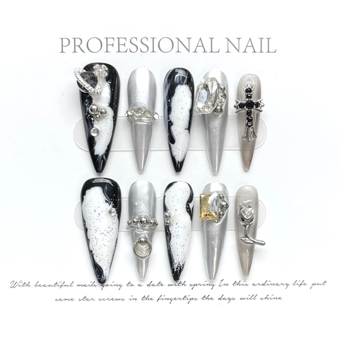 Donna Unghie Finte a Pressione Fatte a Mano Stiletto Bara Sfumate Marmo Resina Lega Strass Punk Gotico Manicure