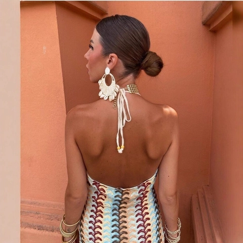 Knitted Halter Maxi Dress Colorful Zigzag Striped Deep V Neck Backless Bodycon Boho Beach Vacation Summer Long Skirt For Women
