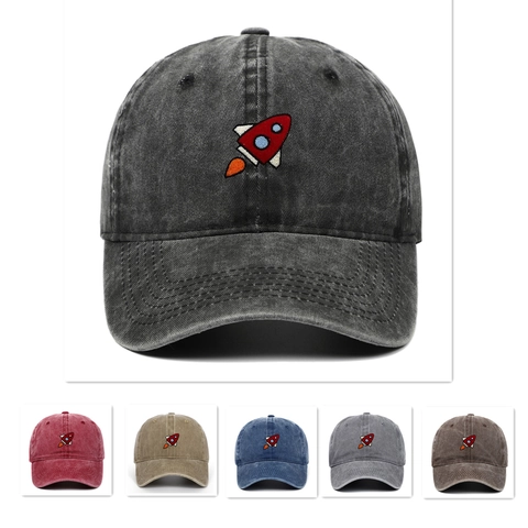 Casquette De Baseball Broderie Fusée Coton Lavé Vintage Sport De Plein Air Chapeau De Soleil Ajustable Décontracté